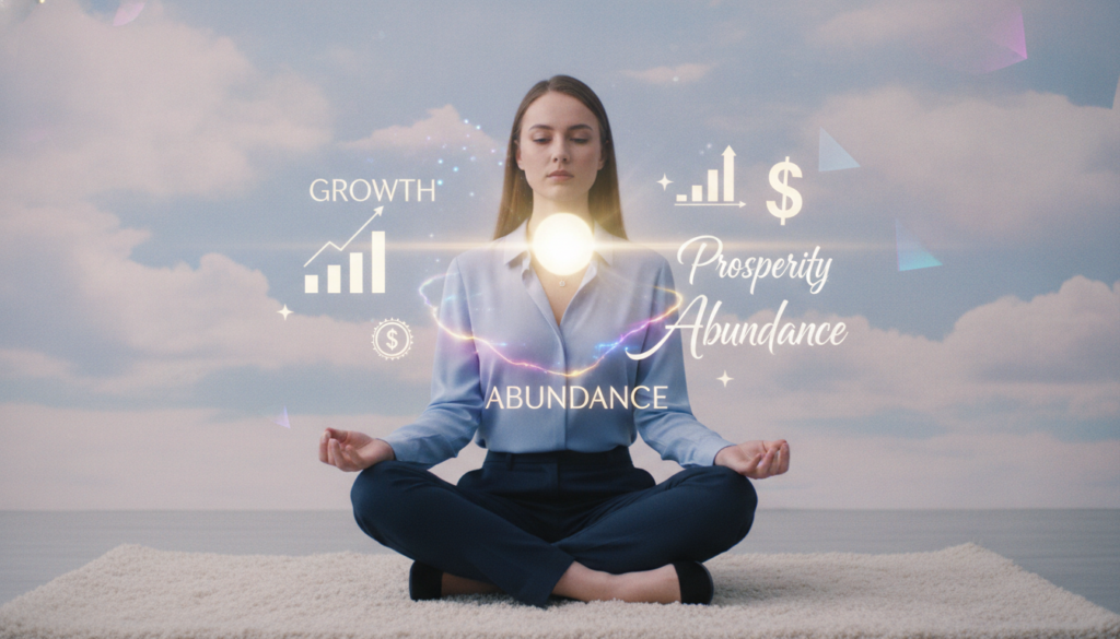 A serene, tranquil scene capturing a five-minute manifestation meditation for success. In the foreground, a young adult Caucasian woman sits cross-legged on a soft, plush rug, adorned in modest, professional attire, with a serene expression. Soft, glowing neon colors illuminate her, echoing energy and positivity. In the middle ground, a softly glowing orb of light emanates symbols of success, like financial graphs and uplifting words, floating gently around her. The background features a calming, dreamlike landscape with ethereal clouds and abstract shapes, evoking a sense of limitless potential. The lighting is soft and diffused, enhancing the mysterious yet inviting atmosphere. The angle captures the tranquility of the moment, creating a high-end magazine advertisement vibe that resonates with an adult Gen Z audience. A serene, tranquil scene capturing a five-minute manifestation meditation for success. In the foreground, a young adult Caucasian woman sits cross-legged on a soft, plush rug, adorned in modest, professional attire, with a serene expression. Soft, glowing neon colors illuminate her, echoing energy and positivity. In the middle ground, a softly glowing orb of light emanates symbols of success, like financial graphs and uplifting words, floating gently around her. The background features a calming, dreamlike landscape with ethereal clouds and abstract shapes, evoking a sense of limitless potential. The lighting is soft and diffused, enhancing the mysterious yet inviting atmosphere. The angle captures the tranquility of the moment, creating a high-end magazine advertisement vibe that resonates with an adult Gen Z audience.