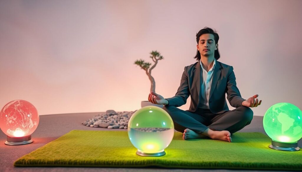 A serene, tranquil space designed for guided meditation, featuring a stylish adult Gen Z individual in professional business attire, seated cross-legged on a plush, vibrant green mat. The foreground showcases a variety of ethereal crystal balls representing different meditation goals, glowing softly with neon colors, inviting focus and choice. In the middle ground, a softly illuminated Zen garden filled with smooth pebbles and delicate sand patterns enhances the meditative atmosphere. The background is a dreamy, abstract blend of swirling pastel colors, evoking a sense of peace and infinite possibilities. Soft, ethereal lighting casts gentle shadows, creating a soothing ambiance, while a wide-angle lens captures the expansive feel of the space, perfect for inviting viewers to connect with their meditation journey.