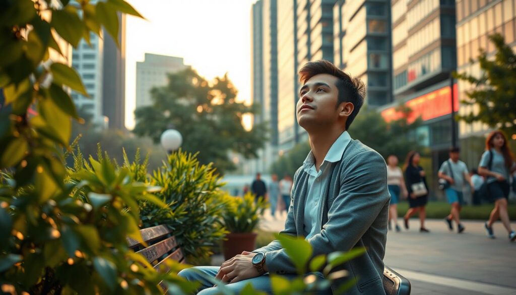 A serene urban scene depicting a young adult in professional casual attire, sitting on a park bench surrounded by vibrant greenery. The individual, with a peaceful expression, gazes thoughtfully at the sky, symbolizing a moment of spiritual awakening. In the foreground, sun-dappled leaves gently sway, while in the middle ground, people walk by, absorbed in their daily activities, representing the blend of spirituality with everyday life. The background features towering city buildings bathed in soft, dreamlike neon colors, creating a surreal atmosphere. The lighting is warm and inviting, with a slight golden hour glow, enhancing the overall sense of tranquility and introspection. The imagery conveys an uplifting mood, capturing the essence of finding spirituality amidst the chaos of daily life.