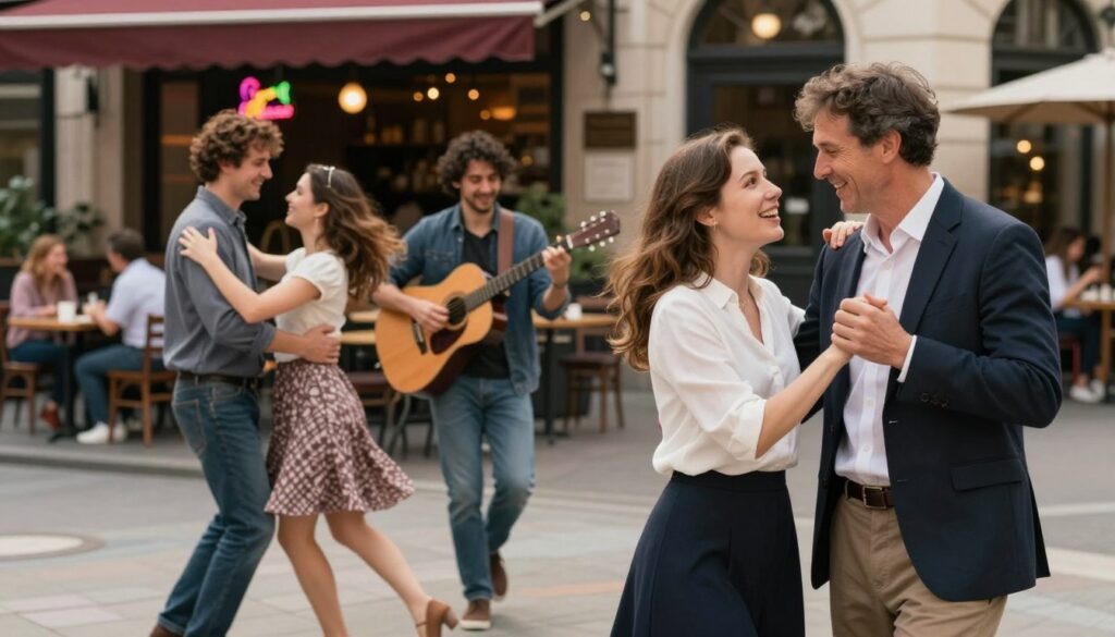 A serene urban scene showcasing daily life synchronicity, capturing moments of connection and coincidence. In the foreground, two adults casually dressed in professional attire smile as they bump into each other with surprise, symbolizing unexpected meetings. In the middle ground, a street musician plays a guitar effortlessly as a couple dances nearby, embodying the joy of spontaneous moments. The background reveals an inviting café with patrons laughing and chatting, while colorful neon signs subtly glow, enhancing the vibrant atmosphere. The lighting is soft and warm, evoking a dreamlike quality, while the lens captures details sharply to emphasize the emotions of the scene. The overall mood is uplifting and harmonious, illustrating the beauty of synchronicity in everyday life.