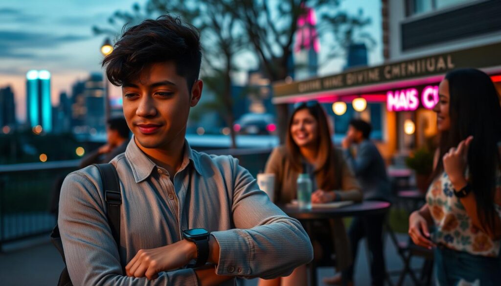 A serene urban setting at dusk, showcasing a diverse group of young adults engaged in various activities that embody divine timing. In the foreground, a person in professional attire is pausing with a contemplative expression, gazing thoughtfully at their watch, suggesting reflection and patience. In the middle ground, friends are joyfully meeting at an outdoor café, laughter and connection highlighting the beauty of serendipity. The background reveals a city skyline illuminated by soft neon colors, blending twilight blues and vibrant pinks, creating a dreamlike atmosphere. Soft, diffused lighting enhances the scene, evoking a sense of calm anticipation and positivity. Capture this moment from a slightly elevated angle, emphasizing the harmonious blend of daily life and divine timing, without any text or overlays. A serene urban setting at dusk, showcasing a diverse group of young adults engaged in various activities that embody divine timing. In the foreground, a person in professional attire is pausing with a contemplative expression, gazing thoughtfully at their watch, suggesting reflection and patience. In the middle ground, friends are joyfully meeting at an outdoor café, laughter and connection highlighting the beauty of serendipity. The background reveals a city skyline illuminated by soft neon colors, blending twilight blues and vibrant pinks, creating a dreamlike atmosphere. Soft, diffused lighting enhances the scene, evoking a sense of calm anticipation and positivity. Capture this moment from a slightly elevated angle, emphasizing the harmonious blend of daily life and divine timing, without any text or overlays.
