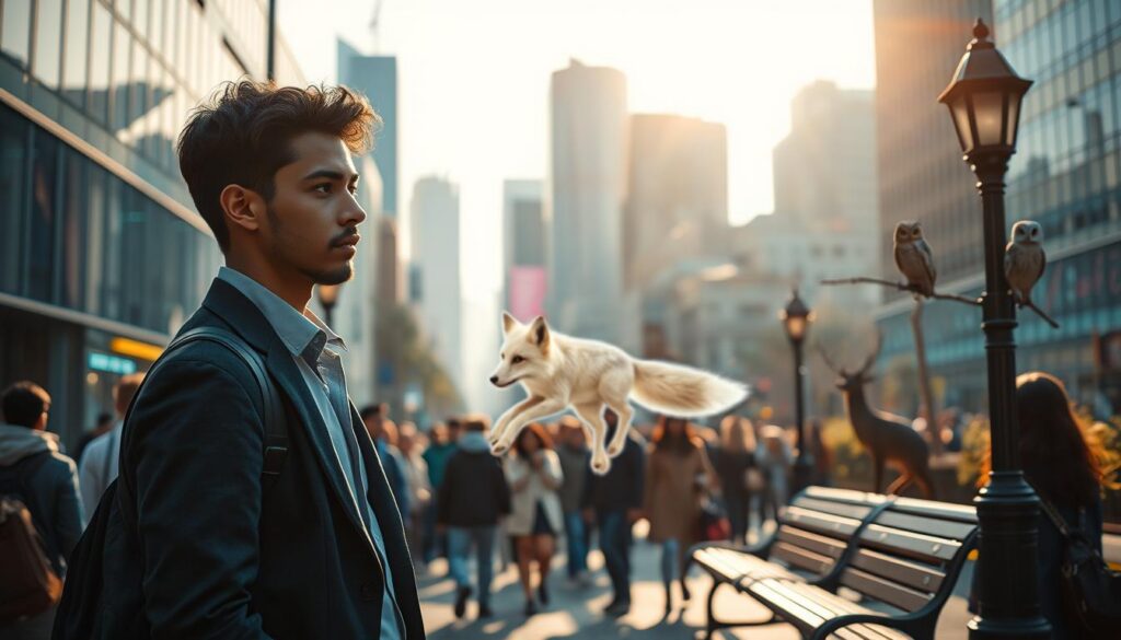 A serene urban setting where animal guides subtly appear in everyday life. In the foreground, a young adult in professional attire stands near a busy street, their expression contemplative as they gaze at a translucent, ethereal fox weaving through the crowd. In the mid-ground, playful deer and wise owls can be seen perched on lampposts and benches, blending seamlessly into the scene. The background features a vibrant city skyline with neon colors reflecting off glass buildings, giving a dreamlike atmosphere. Soft sunlight filters through, casting a warm glow that creates a sense of wonder and connection to the spirit world. The mood is harmonious and inspiring, inviting viewers to notice the magic in everyday moments. A serene urban setting where animal guides subtly appear in everyday life. In the foreground, a young adult in professional attire stands near a busy street, their expression contemplative as they gaze at a translucent, ethereal fox weaving through the crowd. In the mid-ground, playful deer and wise owls can be seen perched on lampposts and benches, blending seamlessly into the scene. The background features a vibrant city skyline with neon colors reflecting off glass buildings, giving a dreamlike atmosphere. Soft sunlight filters through, casting a warm glow that creates a sense of wonder and connection to the spirit world. The mood is harmonious and inspiring, inviting viewers to notice the magic in everyday moments.