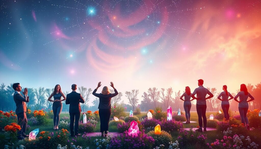 A serene, vibrant scene depicting practical energy practices for raising one's vibration today. In the foreground, a diverse group of adults, dressed in professional business attire, engage in activities such as meditation, yoga, and crystal healing, emanating positive energy. The middle ground showcases a lush garden with colorful flowers and softly glowing crystals, symbolizing harmony and balance. In the background, a dreamy, ethereal sky filled with soft nebula-like patterns in neon colors creates a magical atmosphere. Use soft, diffused lighting to enhance the feeling of tranquility and warmth, capturing the essence of spiritual growth and connection. The overall mood is uplifting and inspirational, highlighting the journey towards higher vibrations and attracting miracles.