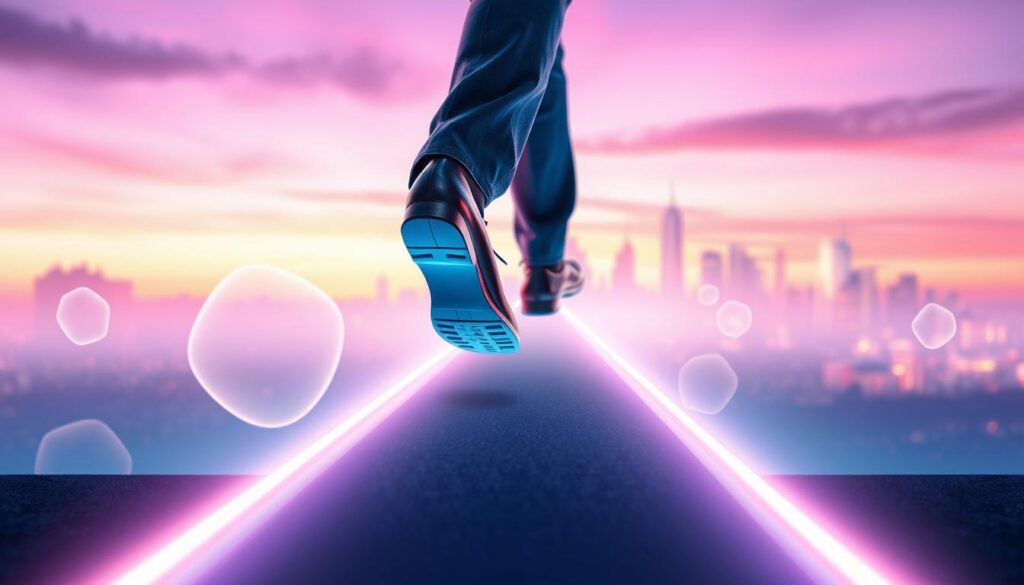 A serene, vibrant scene depicting purposeful steps in manifestation. In the foreground, a pair of stylish, professional shoes step confidently on a glowing pathway made of neon lights, symbolizing action and direction. The middle ground features abstract shapes that represent ideas and dreams, merging with the bright lights of the path, suggesting movement towards goals. The background showcases a dreamy city skyline under a twilight sky, blending soft gradients of purple and pink, evoking a sense of potential and inspiration. The lighting is dynamic and soft, highlighting the shoes and illuminating the path with a magical glow. The overall atmosphere is uplifting and motivational, resonating with adult Gen Z's aspirations. The image is detailed yet harmonious, without text or overlays.