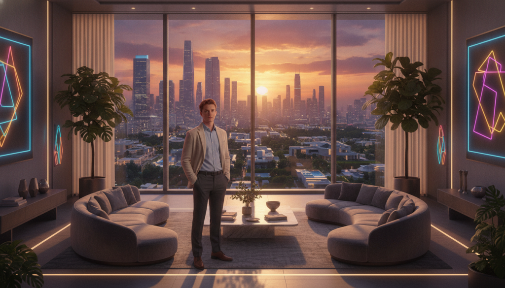 A serene visualization of a dream life showcasing future wealth, featuring a well-dressed young Caucasian adult in business casual attire, standing confidently in a luxurious modern home. In the foreground, the individual gazes out through floor-to-ceiling windows, capturing a stunning sunset over a vibrant city skyline. The middle ground displays an elegantly furnished living space adorned with plants and art, reflecting a touch of Dreamcore aesthetics with neon accents illuminating the room. The background features a panoramic view of an affluent neighborhood, suggesting success and prosperity. Soft, warm lighting bathes the scene, creating an atmosphere of tranquility and aspiration. The overall mood evokes inspiration and hope, inviting viewers to imagine their own dream lives filled with abundance.