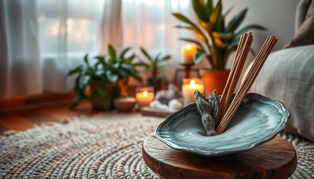 A serene, welcoming space for preparing to burn sage, featuring a cozy corner with a textured woven rug. In the foreground, a small wooden table holds a beautifully crafted abalone shell, filled with sage bundles and palo santo sticks. Soft, ambient neon colors subtly illuminate the scene, highlighting the earthy tones of the sage and the richness of the wooden surfaces. In the middle ground, lush plants and crystals add a touch of natural beauty, creating an inviting atmosphere. In the background, a softly glowing candle casts warm light, while sheer curtains filter in diffuse sunlight, enhancing the calm mood. The composition is artistically captured from a low angle, giving a sense of intimacy and contemplation as one prepares for the sage smudging ritual. The overall vibe is tranquil, focused, and harmonious, perfect for mindfulness practices.