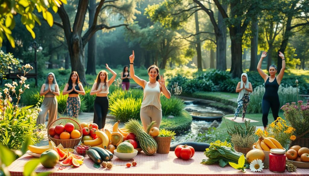 A serene wellness scene showcasing everyday nutrition and movement. In the foreground, a diverse group of adults in stylish, modest activewear engages in yoga and light exercise, radiating positivity and focus. A vibrant table is filled with colorful fruits, vegetables, and healthy snacks, emphasizing nutrition. The middle ground features lush greenery, with a flowing stream and bright flowers that create a tranquil atmosphere. In the background, soft sunlight filters through tall trees, casting warm, inviting light on the scene, enhancing the sense of well-being. The mood is uplifting and inspiring, with a light breeze hinted through the fluttering leaves. The image captures a high-end magazine advertisement feel with dreamcore elements and neon colors, targeting a young adult Gen Z audience. A serene wellness scene showcasing everyday nutrition and movement. In the foreground, a diverse group of adults in stylish, modest activewear engages in yoga and light exercise, radiating positivity and focus. A vibrant table is filled with colorful fruits, vegetables, and healthy snacks, emphasizing nutrition. The middle ground features lush greenery, with a flowing stream and bright flowers that create a tranquil atmosphere. In the background, soft sunlight filters through tall trees, casting warm, inviting light on the scene, enhancing the sense of well-being. The mood is uplifting and inspiring, with a light breeze hinted through the fluttering leaves. The image captures a high-end magazine advertisement feel with dreamcore elements and neon colors, targeting a young adult Gen Z audience.