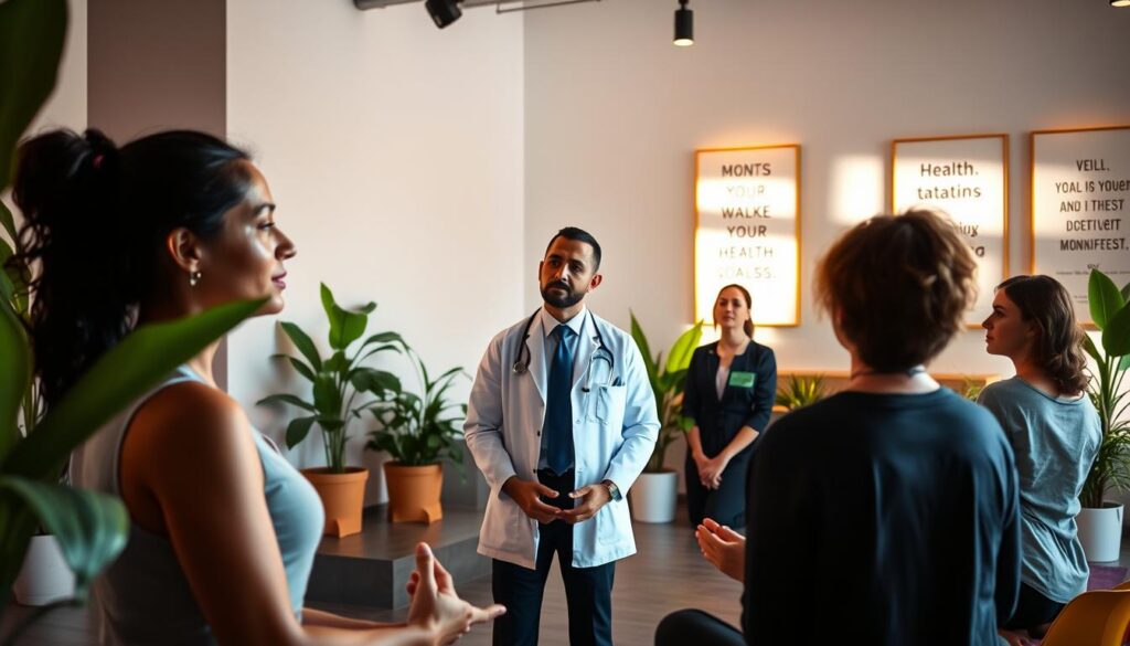 A serene wellness studio bathed in soft, natural light, featuring a diverse group of adults in professional attire engaged in a wellness workshop. In the foreground, a focused woman practices yoga beside a vibrant plant, symbolizing growth and health. In the middle ground, a calm male healthcare professional explains mindfulness techniques to attentive participants, with a blend of warm and cool neon colors illuminating the space. The background showcases motivational posters on the walls, emphasizing health goals, and a sleek, modern design filled with greenery. The overall mood is inspiring and uplifting, inviting viewers to envision their journey towards manifesting health. The lens captures a warm, inviting angle that enhances the empowering atmosphere. A serene wellness studio bathed in soft, natural light, featuring a diverse group of adults in professional attire engaged in a wellness workshop. In the foreground, a focused woman practices yoga beside a vibrant plant, symbolizing growth and health. In the middle ground, a calm male healthcare professional explains mindfulness techniques to attentive participants, with a blend of warm and cool neon colors illuminating the space. The background showcases motivational posters on the walls, emphasizing health goals, and a sleek, modern design filled with greenery. The overall mood is inspiring and uplifting, inviting viewers to envision their journey towards manifesting health. The lens captures a warm, inviting angle that enhances the empowering atmosphere.