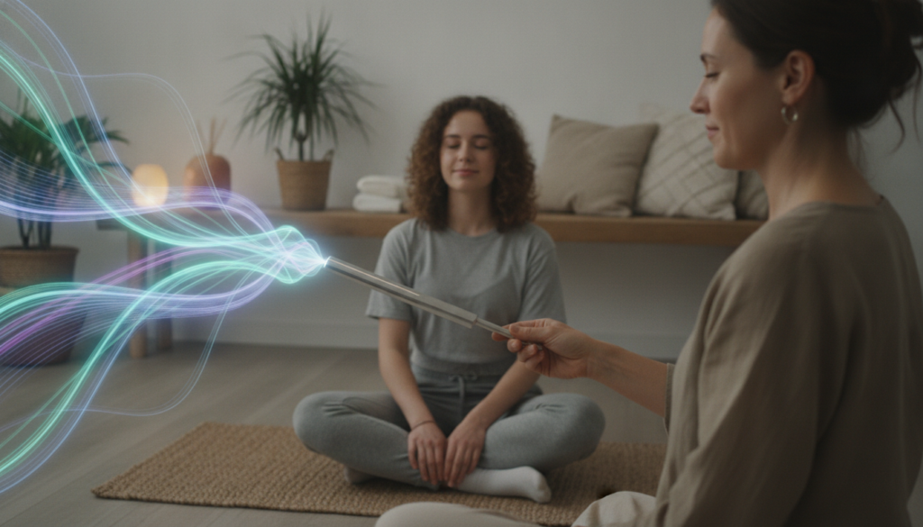 A serene wellness studio featuring a first tuning fork therapy session. In the foreground, a calm Caucasian female therapist, wearing modest casual clothing, gently holds a tuning fork, its metallic surface reflecting soft light. The middle ground displays a relaxed adult Gen Z client, seated comfortably on a yoga mat, eyes closed, experiencing sound vibrations. Ethereal sound waves, depicted as luminous neon colors, radiate outward from the tuning fork, creating a dreamlike atmosphere. The background showcases a softly lit space with plants and calming decor, enhancing the tranquil mood. Use soft, diffused lighting to create a soothing ambiance, captured from a slightly elevated angle that emphasizes both the therapist's focused expression and the client's peaceful demeanor. A serene wellness studio featuring a first tuning fork therapy session. In the foreground, a calm Caucasian female therapist, wearing modest casual clothing, gently holds a tuning fork, its metallic surface reflecting soft light. The middle ground displays a relaxed adult Gen Z client, seated comfortably on a yoga mat, eyes closed, experiencing sound vibrations. Ethereal sound waves, depicted as luminous neon colors, radiate outward from the tuning fork, creating a dreamlike atmosphere. The background showcases a softly lit space with plants and calming decor, enhancing the tranquil mood. Use soft, diffused lighting to create a soothing ambiance, captured from a slightly elevated angle that emphasizes both the therapist's focused expression and the client's peaceful demeanor.
