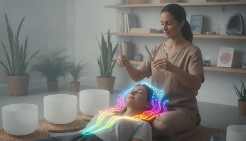 A serene wellness studio with soft, ambient lighting and a dreamlike atmosphere. In the foreground, a professional therapist, dressed in modest casual attire, gently holds two shimmering tuning forks above a reclining client, who appears relaxed and peaceful. The client has their eyes closed, surrounded by an aura of vibrant, glowing light in neon colors, symbolizing sound vibrations. In the middle ground, crystal-clear sound bowls and soothing plants set a calming environment, enhancing the concept of sound therapy. The background features softly blurred shelves lined with wellness books and crystals, contributing to the holistic ambiance. The overall mood conveys tranquility and rejuvenation, capturing the essence of tuning fork therapy in a modern, high-end aesthetic, reminiscent of a luxury magazine advertisement targeted at adult Gen Z. A serene wellness studio with soft, ambient lighting and a dreamlike atmosphere. In the foreground, a professional therapist, dressed in modest casual attire, gently holds two shimmering tuning forks above a reclining client, who appears relaxed and peaceful. The client has their eyes closed, surrounded by an aura of vibrant, glowing light in neon colors, symbolizing sound vibrations. In the middle ground, crystal-clear sound bowls and soothing plants set a calming environment, enhancing the concept of sound therapy. The background features softly blurred shelves lined with wellness books and crystals, contributing to the holistic ambiance. The overall mood conveys tranquility and rejuvenation, capturing the essence of tuning fork therapy in a modern, high-end aesthetic, reminiscent of a luxury magazine advertisement targeted at adult Gen Z.