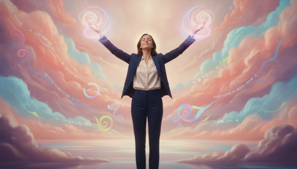A serene woman in a professional business attire, standing confidently with her hands lifted towards the sky, symbolizing empowerment and manifestation. She is surrounded by a dreamy, ethereal landscape filled with soft neon colors, suggesting positivity and abundance. In the background, abstract shapes and flowing patterns represent affirmations and the energy of the "Lucky Girl Syndrome." The lighting is soft yet vibrant, creating a glow that enhances the optimistic atmosphere. A shallow depth of field focuses on her, blurring the background delicately, reflective of a high-end magazine advertisement. The scene evokes a sense of empowerment and fulfillment, capturing the essence of a manifestation mindset in a contemporary, aspirational context.