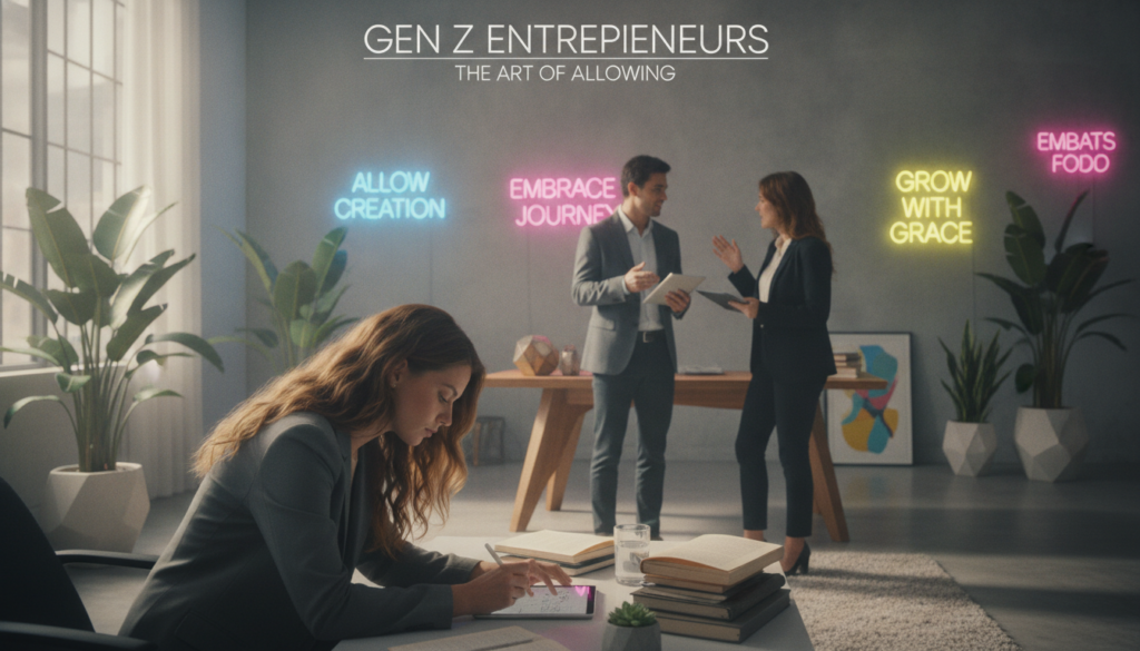 A serene workspace bathed in soft, natural light, showcasing a diverse group of young adults, dressed in professional business attire, engaged in a brainstorming session. In the foreground, a woman with flowing hair, attentively jotting down ideas on a sleek notepad, conveys focus and intention. In the middle, a collaborative ambiance as two others share thoughts, surrounded by inspirational quotes on the walls in neon colors, creating a lively yet calming atmosphere. The background features plants and modern decor, enhancing the sense of growth and openness. The overall mood is vibrant and uplifting, inspiring creativity and the practice of allowing. The composition emphasizes connection and support, inviting viewers to explore the concept of allowing in daily life. High-quality, dreamlike visuals reconstructed in a high-end magazine advertisement style, appealing to an adult Gen Z audience.