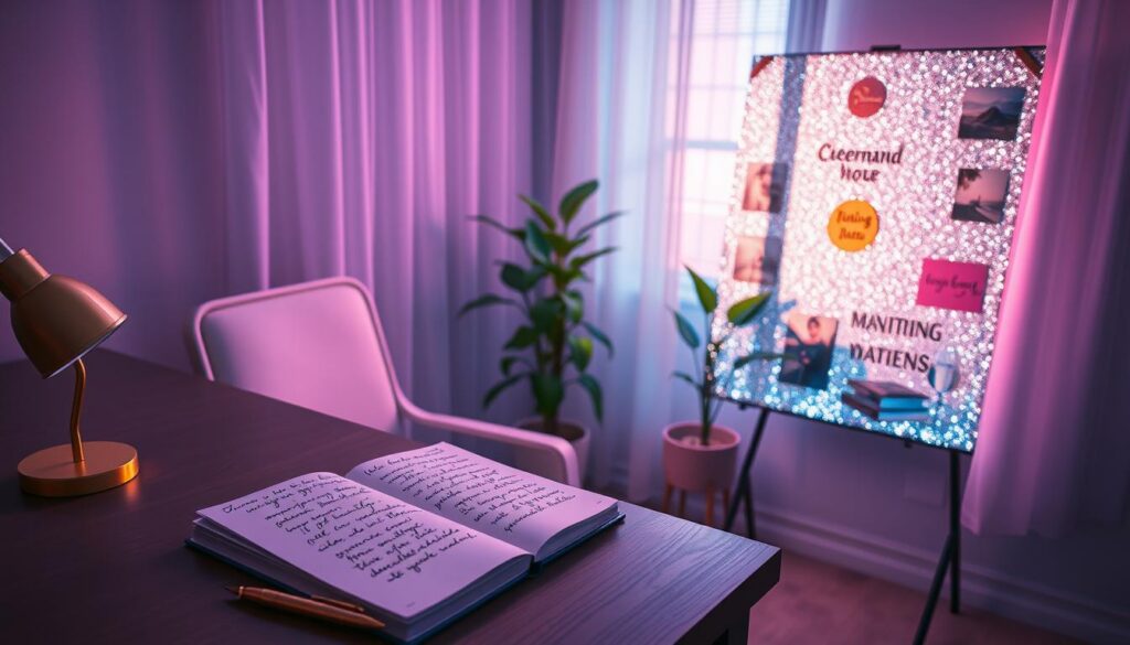 A serene workspace bathed in soft, neon hues that reflect a dreamcore aesthetic. In the foreground, a stylish desk holds a beautifully crafted journal filled with handwritten affirmations, a golden pen resting beside it. The middle layer features a cozy chair angled towards a window, with soft sunlight filtering through sheer curtains, illuminating the space with a calm glow. In the background, a vibrant plant stands next to a shimmering vision board adorned with uplifting images and quotes, hinting at aspiration and manifesting dreams. The overall atmosphere feels inspirational and enchanted, designed for a millennial audience seeking personal transformation. Capture this scene with a slightly aerial angle, enhancing the tranquil vibe with a focus on details in the workspace. A serene workspace bathed in soft, neon hues that reflect a dreamcore aesthetic. In the foreground, a stylish desk holds a beautifully crafted journal filled with handwritten affirmations, a golden pen resting beside it. The middle layer features a cozy chair angled towards a window, with soft sunlight filtering through sheer curtains, illuminating the space with a calm glow. In the background, a vibrant plant stands next to a shimmering vision board adorned with uplifting images and quotes, hinting at aspiration and manifesting dreams. The overall atmosphere feels inspirational and enchanted, designed for a millennial audience seeking personal transformation. Capture this scene with a slightly aerial angle, enhancing the tranquil vibe with a focus on details in the workspace.