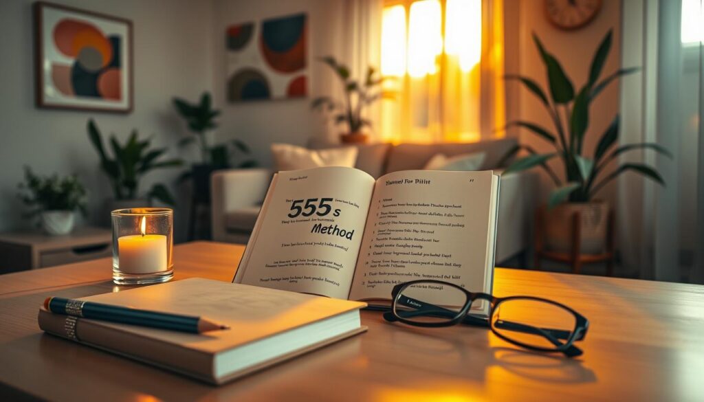 A serene workspace bathed in warm, golden light creates an inviting atmosphere for manifestation writing practice. In the foreground, a neatly arranged desk holds a beautifully designed journal with a soft cover, sparkly pens, and a lit scented candle, exuding a calming ambiance. The middle of the scene features an open journal filled with inspirational phrases and bullet points about the 555 method, alongside a pair of stylish reading glasses. The background showcases a cozy room adorned with indoor plants and abstract art, with a window draped in sheer curtains allowing the soft sunlight to filter through. The overall mood is peaceful and motivating, suited for an adult Gen Z audience, with dreamcore elements and subtle neon accents highlighting creativity and inspiration. The lens captures the scene at a slight angle, emphasizing depth and focus on the writing process. A serene workspace bathed in warm, golden light creates an inviting atmosphere for manifestation writing practice. In the foreground, a neatly arranged desk holds a beautifully designed journal with a soft cover, sparkly pens, and a lit scented candle, exuding a calming ambiance. The middle of the scene features an open journal filled with inspirational phrases and bullet points about the 555 method, alongside a pair of stylish reading glasses. The background showcases a cozy room adorned with indoor plants and abstract art, with a window draped in sheer curtains allowing the soft sunlight to filter through. The overall mood is peaceful and motivating, suited for an adult Gen Z audience, with dreamcore elements and subtle neon accents highlighting creativity and inspiration. The lens captures the scene at a slight angle, emphasizing depth and focus on the writing process.