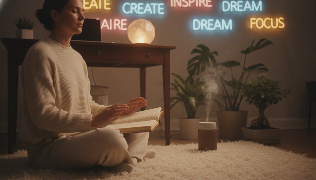 A serene workspace beautifully arranged for scripting, featuring a sleek wooden desk adorned with a softly glowing crystal orb and an open journal. In the foreground, a person of Caucasian descent dressed in modest casual clothing sits cross-legged on a plush rug, deep in reflection, hands poised over the journal. The middle ground showcases a softly lit diffuser emitting a gentle mist, surrounded by vibrant potted plants that evoke tranquility. The background reveals a dreamy wall adorned with inspirational quotes in neon colors, softly illuminated by ambient lighting that casts a warm glow. The atmosphere is peaceful and inviting, encouraging focus and creativity, reminiscent of high-end magazine advertisements. Use a soft focus lens to enhance the dreamy quality, with a slight tilt to emphasize the connection between the individual and their creative space. A serene workspace beautifully arranged for scripting, featuring a sleek wooden desk adorned with a softly glowing crystal orb and an open journal. In the foreground, a person of Caucasian descent dressed in modest casual clothing sits cross-legged on a plush rug, deep in reflection, hands poised over the journal. The middle ground showcases a softly lit diffuser emitting a gentle mist, surrounded by vibrant potted plants that evoke tranquility. The background reveals a dreamy wall adorned with inspirational quotes in neon colors, softly illuminated by ambient lighting that casts a warm glow. The atmosphere is peaceful and inviting, encouraging focus and creativity, reminiscent of high-end magazine advertisements. Use a soft focus lens to enhance the dreamy quality, with a slight tilt to emphasize the connection between the individual and their creative space.