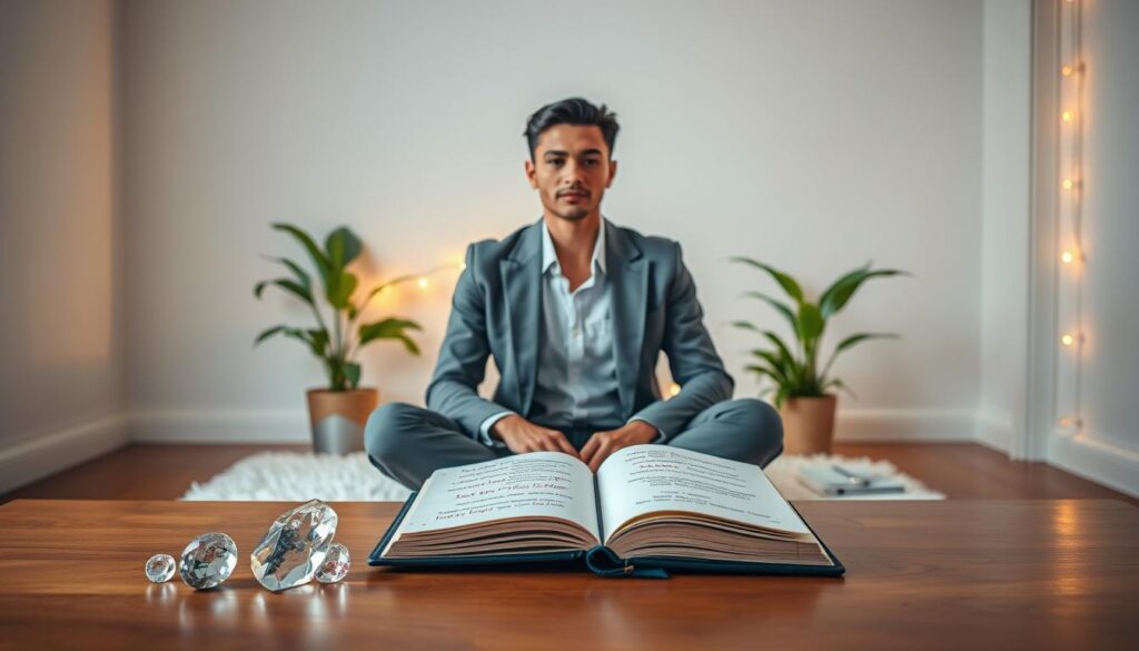 A serene workspace designed for EFT tapping, featuring an elegant adult Gen Z individual in professional attire, sitting cross-legged on a plush rug. The foreground showcases delicate crystal pendants and a vibrant green plant, symbolizing wealth and prosperity. In the middle, a polished wooden table displays an array of colorful affirmations and an open journal, inviting reflection. The background features soft neon lights casting a dreamlike glow, enhancing the atmosphere of abundance and tranquility. The lighting is warm and inviting, highlighting the individual's focused expression, embodying calm and confidence. The scene conveys a nurturing and uplifting mood, encouraging viewers to envision their financial goals vividly.