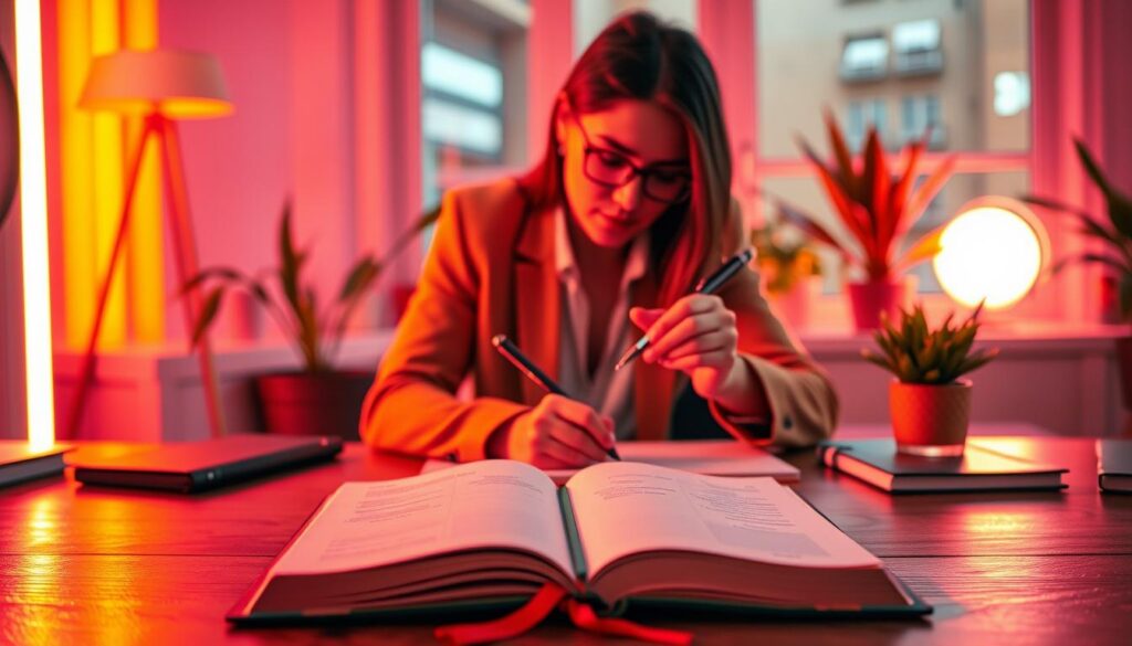 A serene workspace featuring a neatly arranged journal open to a blank page, pen poised elegantly beside it. In the foreground, vibrant neon colors illuminate the scene, creating a dreamlike atmosphere. The middle layer showcases a stylish, professional adult in modest casual attire, deeply focused and scribbling down ideas with a look of excitement on their face. The background hints at a cozy yet modern environment, with soft ambient lighting filtering through a large window, casting gentle shadows. A few potted plants add a touch of nature, enhancing the feeling of inspiration and clarity. The overall mood is uplifting and motivational, echoing the essence of manifesting clear desires in journaling, evoking a sense of possibility.