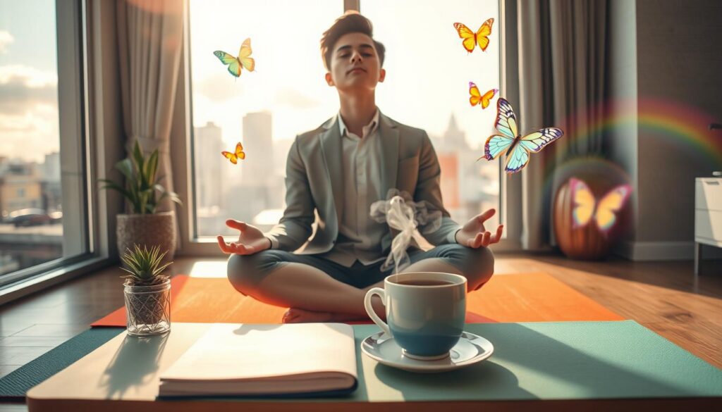 A serene workspace featuring a young adult in smart casual attire, sitting cross-legged on a vibrant yoga mat. In the foreground, a small table is adorned with a gratitude journal, a steaming cup of herbal tea, and a succulent plant, radiating calmness. The middle ground captures the person closing their eyes, taking a deep breath, surrounded by floating ethereal, neon-colored butterflies symbolizing abundance and positivity. In the background, a large window reveals a sunlit cityscape, with soft, dreamlike elements like gentle clouds and rainbow reflections. The lighting is warm and inviting, creating an uplifting atmosphere. The overall scene conveys a sense of mindfulness, tranquility, and an empowering journey towards an abundance mindset. The angle is from slightly above, enhancing the depth and focus on the peaceful moment. A serene workspace featuring a young adult in smart casual attire, sitting cross-legged on a vibrant yoga mat. In the foreground, a small table is adorned with a gratitude journal, a steaming cup of herbal tea, and a succulent plant, radiating calmness. The middle ground captures the person closing their eyes, taking a deep breath, surrounded by floating ethereal, neon-colored butterflies symbolizing abundance and positivity. In the background, a large window reveals a sunlit cityscape, with soft, dreamlike elements like gentle clouds and rainbow reflections. The lighting is warm and inviting, creating an uplifting atmosphere. The overall scene conveys a sense of mindfulness, tranquility, and an empowering journey towards an abundance mindset. The angle is from slightly above, enhancing the depth and focus on the peaceful moment.