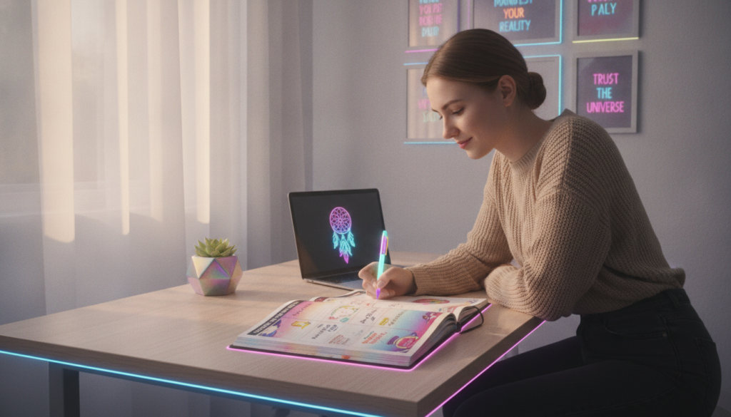 A serene workspace featuring an open Law of Attraction planner with vibrant, colorful pages filled with goals and affirmations. In the foreground, a young Caucasian professional, dressed in smart casual attire, sits at a stylish desk, writing in the planner with a focused expression. The middle ground includes motivational decor like framed quotes on the wall and a small succulent plant adding a touch of nature. The background has a bright window with filtered natural light streaming in, creating a warm ambiance. The setting is infused with dreamcore aesthetics; neon colors subtly highlight the planner and desk accessories, evoking an inspiring and modern atmosphere. The image captures a sense of calm determination, ideal for a daily manifestation routine.