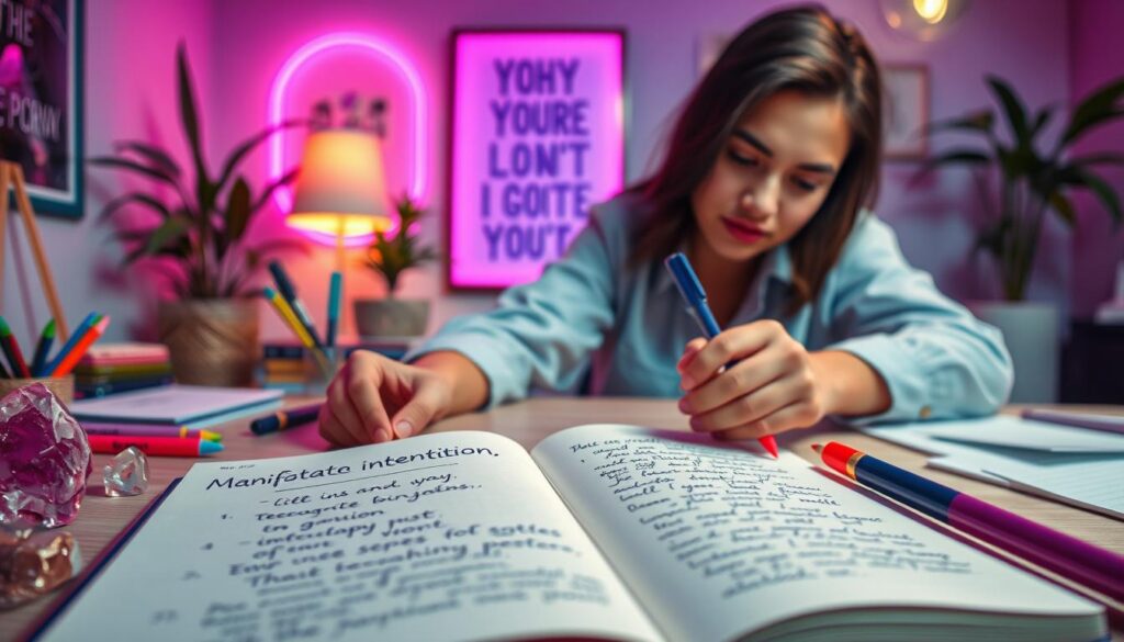 A serene workspace featuring an open journal with elegantly written manifestation intentions on pastel-colored pages, surrounded by colorful pens and crystals. In the foreground, a stylish young adult is dressed in professional casual attire, pensively writing with a focused expression. The middle ground showcases a glowing neon dreamcore aesthetic with soft purple and teal lighting, casting a calming ambiance. In the background, a plush plant and motivational art are slightly blurred, enhancing the feel of creativity and inspiration. A gentle light source suggests a warm morning sun, accentuating the inviting atmosphere conducive to journaling and scripting for manifestation. The overall image should evoke a sense of purpose, creativity, and tranquility, designed to draw in the viewer while reflecting the theme of setting intentions.