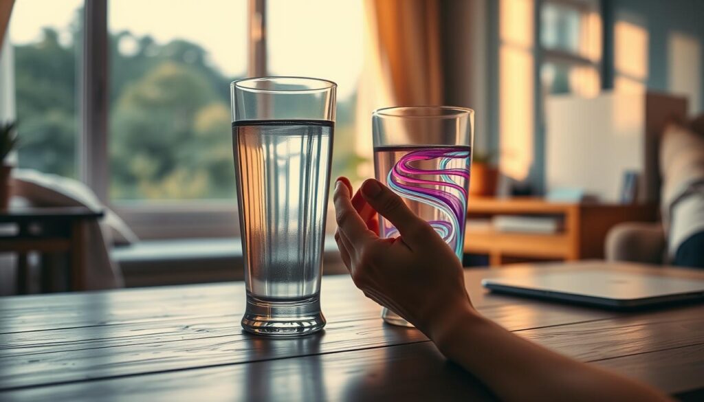 A serene workspace featuring two glasses of water placed on a wooden table, with one glass reflecting a tranquil, dreamy sky and the other filled with colorful neon swirls. In the foreground, a pair of hands gently holds the glass with the dreamy reflection, symbolizing intention and manifestation. The background should showcase a softly blurred room with warm, ambient lighting, highlighting a cozy atmosphere. A large window allows soft sunlight to filter in, casting a warm glow. The overall mood is inspirational and focused, capturing the essence of the "two-glass affirmation technique" with a touch of dreamcore aesthetics, perfect for a high-end magazine advertisement aimed at adult Gen Z. A serene workspace featuring two glasses of water placed on a wooden table, with one glass reflecting a tranquil, dreamy sky and the other filled with colorful neon swirls. In the foreground, a pair of hands gently holds the glass with the dreamy reflection, symbolizing intention and manifestation. The background should showcase a softly blurred room with warm, ambient lighting, highlighting a cozy atmosphere. A large window allows soft sunlight to filter in, casting a warm glow. The overall mood is inspirational and focused, capturing the essence of the "two-glass affirmation technique" with a touch of dreamcore aesthetics, perfect for a high-end magazine advertisement aimed at adult Gen Z.