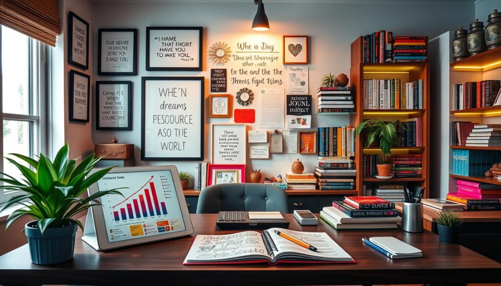 A serene workspace filled with abundant resources symbolizing an abundance mindset. In the foreground, a stylish desk features a vibrant plant, an open notebook filled with colorful doodles, and a digital tablet showing a chart of personal growth. In the middle ground, a wall adorned with framed motivational quotes and a vision board, capturing dreams and goals. The background includes a softly glowing bookshelf brimming with self-help books, glossy magazines, and inspiring artifacts. The lighting is bright and warm, with a soft, inviting glow that highlights the colorful details while casting gentle shadows. The mood is uplifting and creative, radiating positivity and inspiration, reflecting a professional yet modern aesthetic in hues of neon and pastels. No text or distractions are present. A serene workspace filled with abundant resources symbolizing an abundance mindset. In the foreground, a stylish desk features a vibrant plant, an open notebook filled with colorful doodles, and a digital tablet showing a chart of personal growth. In the middle ground, a wall adorned with framed motivational quotes and a vision board, capturing dreams and goals. The background includes a softly glowing bookshelf brimming with self-help books, glossy magazines, and inspiring artifacts. The lighting is bright and warm, with a soft, inviting glow that highlights the colorful details while casting gentle shadows. The mood is uplifting and creative, radiating positivity and inspiration, reflecting a professional yet modern aesthetic in hues of neon and pastels. No text or distractions are present.