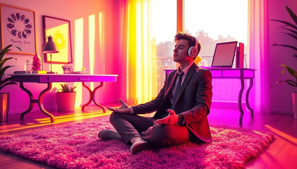 A serene workspace filled with vibrant neon colors, harmoniously intertwining to create a dreamlike atmosphere. In the foreground, a young adult in professional attire sits cross-legged on a plush rug, headphones on, deeply immersed in a meditative audio experience. The middle ground features an elegant desk adorned with crystals, a glass water bottle, and a notebook filled with positive affirmations. The background showcases a large window with golden sunlight streaming through, illuminating the space and casting soft shadows. Subtle abstract shapes and waves of sound resonate in the air, symbolizing appreciation and abundance. The overall mood conveys tranquility, inspiration, and a connection to higher consciousness, reminiscent of high-end magazine advertisements aimed at the adult Gen Z audience.