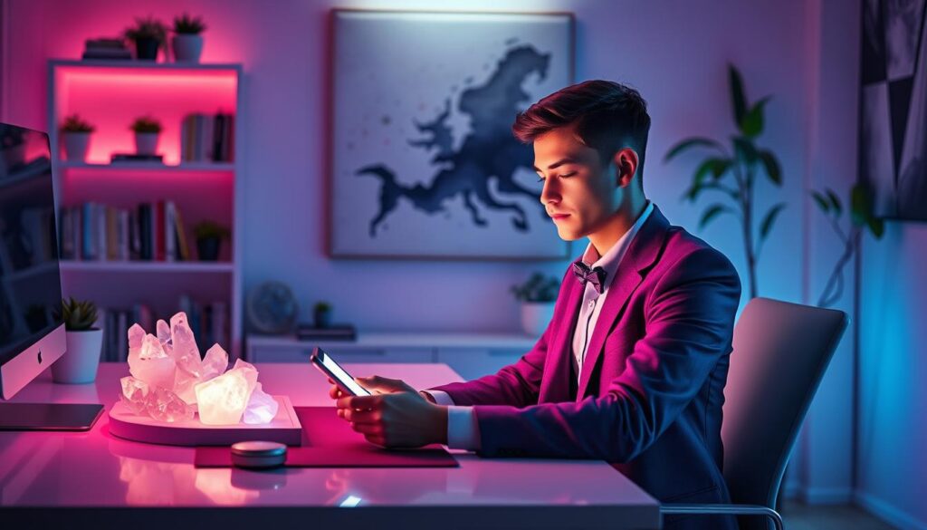 A serene workspace illuminated by soft, neon-colored ambient lighting, reflecting a Dreamcore aesthetic. In the foreground, a focused young adult in professional business attire sits at a sleek, minimalist desk, surrounded by crystals and a glowing manifestation board filled with symbols of attraction and intention. Their eyes are closed, and they appear engaged in deep concentration, channeling energy towards their smartphone, which is displaying a glowing notification of an incoming text message. In the middle ground, shelves lined with inspiring books and plants add a touch of calm greenery. The background features an abstract art piece that echoes the themes of manifestation and connection. The overall mood is tranquil yet vibrant, capturing the essence of modern manifesting techniques in a visually striking manner.