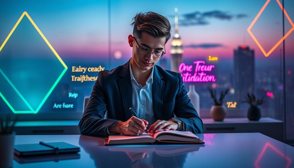 A serene workspace infused with neon dreamcore aesthetics, featuring a stylish young adult in professional attire centered in the foreground. The individual sits at a sleek, minimalist desk, thoughtfully writing clear goals in a leather-bound journal illuminated by soft ambient lighting. In the middle space, vivid, colorful affirmations are artistically displayed around them, emanating positive energy. The background showcases a softly glowing city skyline at twilight, with geometric shapes and abstract designs blending into a gradient of vibrant colors. The atmosphere is calm and motivational, with a focus on clarity and intention. The lighting highlights the subject's focused expression while creating a dreamy, aspirational vibe, perfect for manifestation techniques. A serene workspace infused with neon dreamcore aesthetics, featuring a stylish young adult in professional attire centered in the foreground. The individual sits at a sleek, minimalist desk, thoughtfully writing clear goals in a leather-bound journal illuminated by soft ambient lighting. In the middle space, vivid, colorful affirmations are artistically displayed around them, emanating positive energy. The background showcases a softly glowing city skyline at twilight, with geometric shapes and abstract designs blending into a gradient of vibrant colors. The atmosphere is calm and motivational, with a focus on clarity and intention. The lighting highlights the subject's focused expression while creating a dreamy, aspirational vibe, perfect for manifestation techniques.