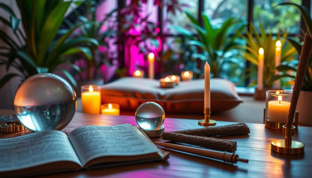 A serene workspace reflecting tools for connecting with inner wisdom, vividly arranged in the foreground, featuring a glowing crystal ball, open journals filled with handwritten notes, and a sage smudging stick. In the middle, a sleek, high-end meditation cushion surrounded by candles flickering softly, casting warm, inviting light. The background showcases a lush indoor garden with vibrant greenery, softly illuminated by neon colors that evoke a dreamcore atmosphere. Soft focus lens effects create a tranquil ambiance, highlighting the peaceful energy. The overall mood is one of introspection and enlightenment, appealing to the adult Gen Z aesthetic, merging modern elegance with spiritual exploration. A serene workspace reflecting tools for connecting with inner wisdom, vividly arranged in the foreground, featuring a glowing crystal ball, open journals filled with handwritten notes, and a sage smudging stick. In the middle, a sleek, high-end meditation cushion surrounded by candles flickering softly, casting warm, inviting light. The background showcases a lush indoor garden with vibrant greenery, softly illuminated by neon colors that evoke a dreamcore atmosphere. Soft focus lens effects create a tranquil ambiance, highlighting the peaceful energy. The overall mood is one of introspection and enlightenment, appealing to the adult Gen Z aesthetic, merging modern elegance with spiritual exploration.