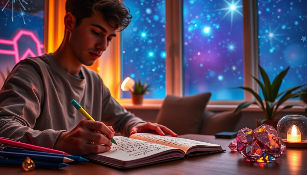 A serene workspace scene featuring a young adult in modest, stylish casual attire, deeply engaged in writing affirmations in a sleek notebook. Foreground: the individual, with an expression of focus and inspiration, surrounded by colorful neon pens and crystals that shimmer subtly. Middle: the open notebook filled with handwritten affirmations in elegant script, glowing softly against the vibrant backdrop, illuminated by soft, dreamlike neon lights. Background: a cozy, modern room with large windows showcasing a night sky filled with twinkling stars and abstract dreamcore patterns in pastel colors. The atmosphere is tranquil, evoking a sense of empowerment and transformation, with warm light enhancing the inviting space. The composition is captured from a slightly elevated angle to highlight the writing process and the ambiance of creativity. A serene workspace scene featuring a young adult in modest, stylish casual attire, deeply engaged in writing affirmations in a sleek notebook. Foreground: the individual, with an expression of focus and inspiration, surrounded by colorful neon pens and crystals that shimmer subtly. Middle: the open notebook filled with handwritten affirmations in elegant script, glowing softly against the vibrant backdrop, illuminated by soft, dreamlike neon lights. Background: a cozy, modern room with large windows showcasing a night sky filled with twinkling stars and abstract dreamcore patterns in pastel colors. The atmosphere is tranquil, evoking a sense of empowerment and transformation, with warm light enhancing the inviting space. The composition is captured from a slightly elevated angle to highlight the writing process and the ambiance of creativity.