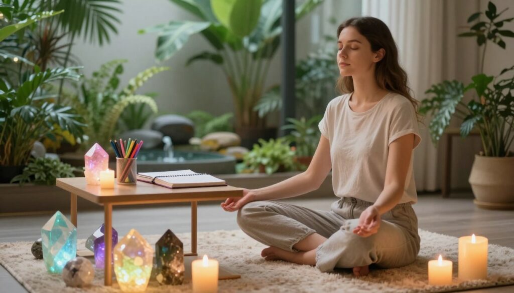 A serene workspace set for intention setting, featuring a young Caucasian woman in modest casual clothing, seated cross-legged on a plush rug, with her eyes closed in calm meditation. In the foreground, glowing crystals and a flickering candle create an inviting ambiance. The middle layer includes a softly lit table adorned with a journal and colorful pens, with dreamy neon colors emanating from the crystals, casting light reflections. The background reveals a tranquil indoor garden filled with lush plants and small water features, enhancing the peaceful atmosphere. The overall mood is uplifting and centered, with a focus on manifesting positive energies, captured in high-definition with a warm, diffused lighting effect from a low-angle perspective, evoking a sense of clarity and focus on the intention-setting process. A serene workspace set for intention setting, featuring a young Caucasian woman in modest casual clothing, seated cross-legged on a plush rug, with her eyes closed in calm meditation. In the foreground, glowing crystals and a flickering candle create an inviting ambiance. The middle layer includes a softly lit table adorned with a journal and colorful pens, with dreamy neon colors emanating from the crystals, casting light reflections. The background reveals a tranquil indoor garden filled with lush plants and small water features, enhancing the peaceful atmosphere. The overall mood is uplifting and centered, with a focus on manifesting positive energies, captured in high-definition with a warm, diffused lighting effect from a low-angle perspective, evoking a sense of clarity and focus on the intention-setting process.