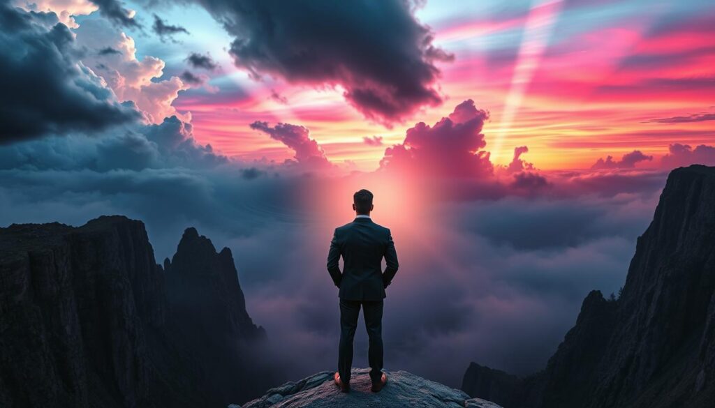 A serene yet dynamic scene depicting a person in a professional business attire standing at the edge of a cliff, gazing at a vibrant horizon transitioning from dark storm clouds to brilliant neon-colored sunsets. In the foreground, the figure is thoughtfully positioned, with their back to the viewer, conveying a sense of introspection and determination. The middle ground features swirling patterns of light and color that symbolize the shift in perspective, blending cool blues and purples into warm pinks and oranges. The background amplifies this contrast with jagged cliffs on one side and a calming, expansive sky on the other. Soft, ethereal lighting enhances the mood, with rays of light breaking through the clouds, creating a sense of hope and transformation. The overall atmosphere is one of empowerment and optimism in the face of adversity.