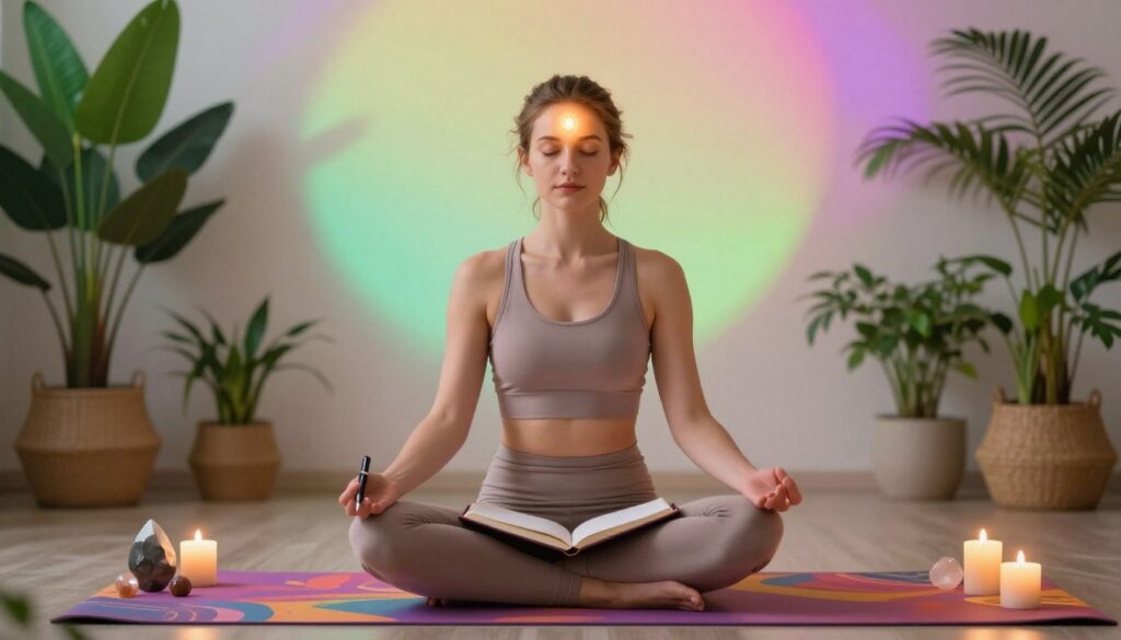 A serene yoga scene focused on third eye chakra awareness. In the foreground, a young Caucasian woman in modest, comfortable yoga attire sits cross-legged on a vibrant, patterned yoga mat, eyes closed in meditation. She holds a journal on her lap with a pen, surrounded by crystals and candles, evoking a tranquil atmosphere. The middle layer features a soft, glowing aura illuminating her brow chakra, with gentle neon colors in the background creating a dreamlike effect. Lush green plants and a softly lit room add to the calming ambiance, with warm, diffuse lighting casting delicate shadows. The composition conveys a sense of enlightenment and grounding, appealing to a modern, mindful audience.