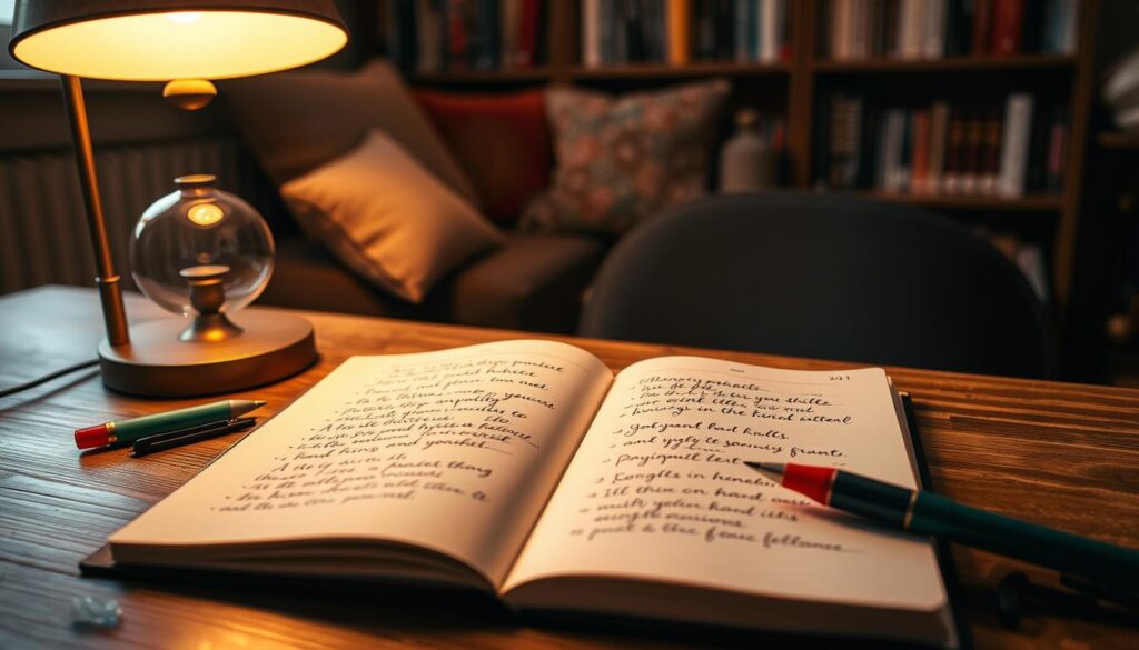 A shadow work journal lies open on a wooden desk, surrounded by a warm, soft glow from a nearby lamp. The journal's pages are filled with elegant handwritten prompts, inviting reflection and introspection. Stylish stationery, including colorful pens and a small crystal, are placed neatly beside it. In the background, a cozy reading nook can be seen, featuring plush cushions and a bookshelf filled with self-help and psychology books. The lighting is warm and inviting, creating a serene atmosphere. The scene is captured with a slight depth of field effect, focusing sharply on the journal, while the background is softly blurred, enhancing the sense of calm and contemplation. The overall mood is peaceful and introspective, suitable for deep healing practices. A shadow work journal lies open on a wooden desk, surrounded by a warm, soft glow from a nearby lamp. The journal's pages are filled with elegant handwritten prompts, inviting reflection and introspection. Stylish stationery, including colorful pens and a small crystal, are placed neatly beside it. In the background, a cozy reading nook can be seen, featuring plush cushions and a bookshelf filled with self-help and psychology books. The lighting is warm and inviting, creating a serene atmosphere. The scene is captured with a slight depth of field effect, focusing sharply on the journal, while the background is softly blurred, enhancing the sense of calm and contemplation. The overall mood is peaceful and introspective, suitable for deep healing practices.