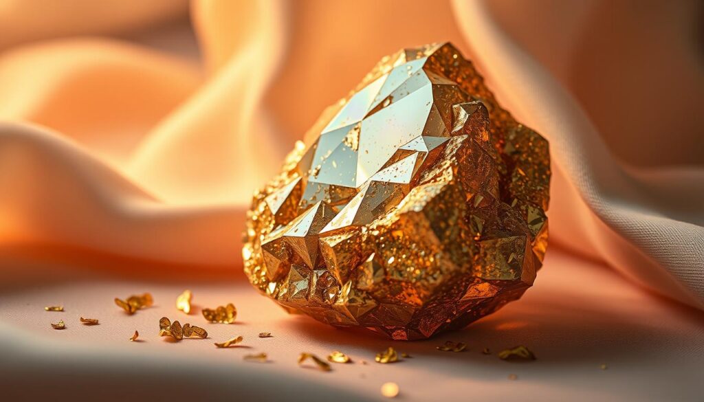 A shimmering abundance crystal, resembling a lustrous pyrite with a golden hue, takes center stage, glistening in the soft light. Its facets reflect a kaleidoscope of neon colors, set against a backdrop of blurred, luxurious fabric in muted pastel shades, evoking a dreamcore aesthetic. Surrounding the crystal are delicate, ethereal gold flakes that seem to float in the air, enhancing the feeling of opulence. Warm, diffused lighting creates a serene glow, highlighting the crystal's natural beauty and inviting allure. The scene is shot from a slightly elevated angle, capturing the depth and brilliance of the crystal, while subtle shadows add dimension and richness, evoking a tranquil atmosphere of prosperity and abundance, perfect for a high-end magazine advertisement.