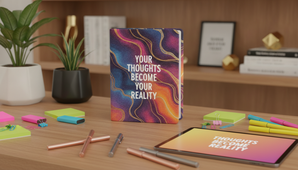A sleek, modern daily manifestation planner lies open on a stylish wooden desk, surrounded by vibrant neon-colored stationery. The planner features an ornate cover with abstract designs, glimmering in soft ambient light. In the foreground, a set of elegant pens with metallic finishes and a digital tablet displaying an inspirational quote rest beside the planner, enhancing the motivational atmosphere. The middle ground captures a serene view of lush green plants in stylish pots, adding a touch of nature and tranquility. In the background, softly blurred shelves lined with self-help books and motivational decor create an inviting workspace. The scene is bathed in warm, natural lighting, evoking a sense of positivity and aspiration, ideal for capturing the essence of a Law of Attraction planner.