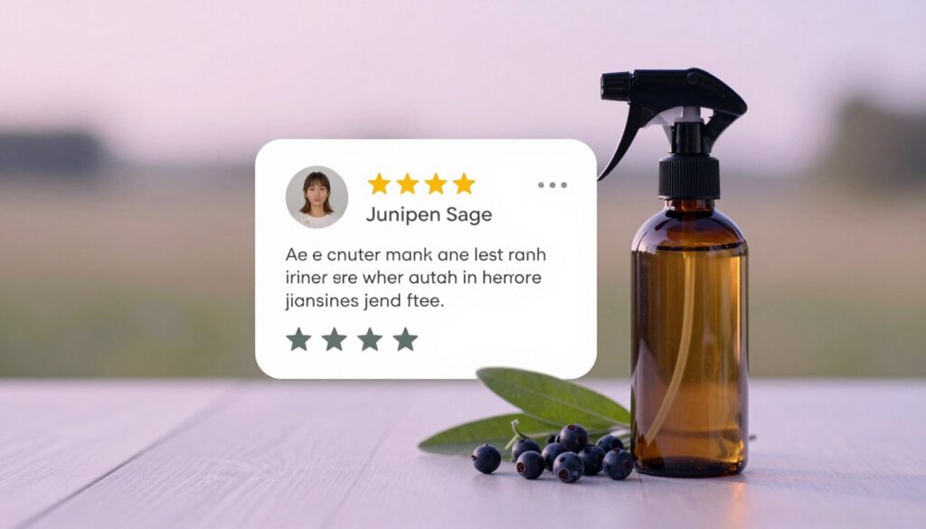 A sleek, modern tabletop layout showcasing Juniper Sage product details, featuring a beautifully arranged smudge spray bottle and ingredients like juniper berries and sage leaves. The foreground should highlight the spray bottle with soft, dreamy lighting, reflecting vibrant neon colors. In the middle, a minimalist display of product reviews with elegant icons and stars exuding a high-end magazine advertisement vibe, targeting adult Gen Z. The background should be a blurred, ethereal landscape with soft pastel hues, creating a calm and protective atmosphere. The overall mood is serene and inviting, perfect for promoting wellness and home protection. Use a shallow depth of field, focusing on the product while softly blurring the background. A sleek, modern tabletop layout showcasing Juniper Sage product details, featuring a beautifully arranged smudge spray bottle and ingredients like juniper berries and sage leaves. The foreground should highlight the spray bottle with soft, dreamy lighting, reflecting vibrant neon colors. In the middle, a minimalist display of product reviews with elegant icons and stars exuding a high-end magazine advertisement vibe, targeting adult Gen Z. The background should be a blurred, ethereal landscape with soft pastel hues, creating a calm and protective atmosphere. The overall mood is serene and inviting, perfect for promoting wellness and home protection. Use a shallow depth of field, focusing on the product while softly blurring the background.