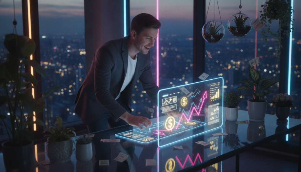 A sleek, modern workspace bathed in soft neon colors reflecting a dreamlike atmosphere. In the foreground, a focused young Caucasian professional in smart casual attire leans over a desk, examining a glowing holographic display of financial charts and money symbols. Their expression is one of inspiration and excitement. In the middle ground, lush greenery adorns the workspace, symbolizing growth and abundance, while colorful currency notes subtly float in the air, catching the light. The background features a panoramic view of a vibrant city skyline at dusk, illuminated by twinkling lights. The image is viewed from a slight angle, allowing a glimpse of the dynamic environment, while soft, diffused lighting creates an inviting and motivational mood, perfect for illustrating the theme of recognizing money opportunities and abundance. A sleek, modern workspace bathed in soft neon colors reflecting a dreamlike atmosphere. In the foreground, a focused young Caucasian professional in smart casual attire leans over a desk, examining a glowing holographic display of financial charts and money symbols. Their expression is one of inspiration and excitement. In the middle ground, lush greenery adorns the workspace, symbolizing growth and abundance, while colorful currency notes subtly float in the air, catching the light. The background features a panoramic view of a vibrant city skyline at dusk, illuminated by twinkling lights. The image is viewed from a slight angle, allowing a glimpse of the dynamic environment, while soft, diffused lighting creates an inviting and motivational mood, perfect for illustrating the theme of recognizing money opportunities and abundance.
