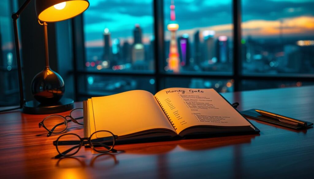 A sleek, modern workspace with a polished wooden desk in the foreground, featuring an elegant black notebook open to a page titled “Money Goals”. The page is filled with handwritten goals and figures, illuminated by a soft glowing light emanating from a stylish desk lamp. In the middle ground, a pair of stylish eyeglasses and a gold pen rest beside the notebook, emphasizing productivity and clarity. The background shows a large window revealing a vibrant city skyline at sunset, with neon colors reflecting off the glass, creating a dreamcore aesthetic. The overall mood is aspirational and organized, aiming to inspire adult Gen Z to take control of their financial future. Use a shallow depth of field to add focus on the notebook while keeping the background slightly blurred to enhance depth.