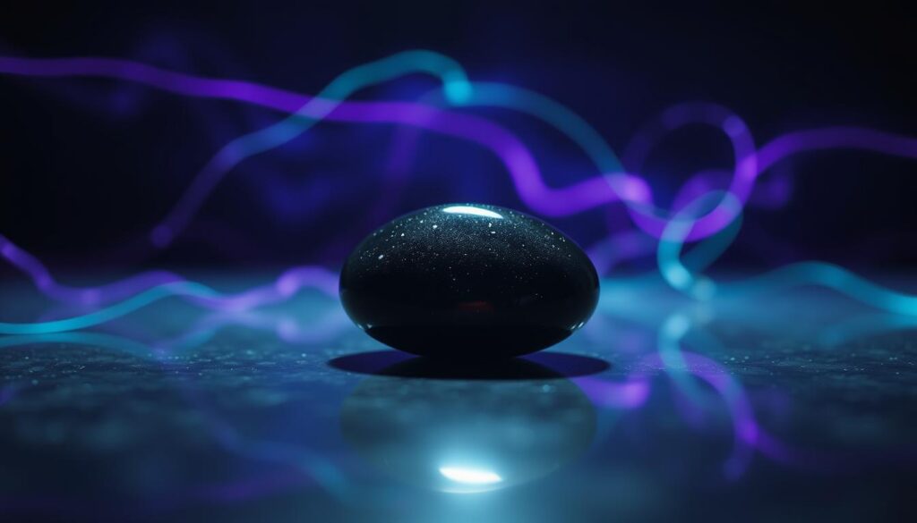 A sleek, polished obsidian grounding stone sits at the center of a softly illuminated surface, reflecting its deep black surface adorned with subtle, shimmering flecks. Surrounding the stone are ethereal wisps of neon colors—deep purples, electric blues, and vibrant greens—symbolizing protective energy. The foreground is slightly blurred to emphasize the stone's alluring texture, while in the middle ground, gentle, swirling energy patterns radiate outward, conveying a sense of motion and strength. In the background, a softly blurred gradient of darker hues enhances the mysterious ambiance, evoking feelings of safety and tranquility. The lighting is moody and dynamic, casting soft shadows that highlight the stone’s facets. The overall atmosphere is one of serene empowerment, ideal for capturing the essence of obsidian's protective properties against negative energies. A sleek, polished obsidian grounding stone sits at the center of a softly illuminated surface, reflecting its deep black surface adorned with subtle, shimmering flecks. Surrounding the stone are ethereal wisps of neon colors—deep purples, electric blues, and vibrant greens—symbolizing protective energy. The foreground is slightly blurred to emphasize the stone's alluring texture, while in the middle ground, gentle, swirling energy patterns radiate outward, conveying a sense of motion and strength. In the background, a softly blurred gradient of darker hues enhances the mysterious ambiance, evoking feelings of safety and tranquility. The lighting is moody and dynamic, casting soft shadows that highlight the stone’s facets. The overall atmosphere is one of serene empowerment, ideal for capturing the essence of obsidian's protective properties against negative energies.