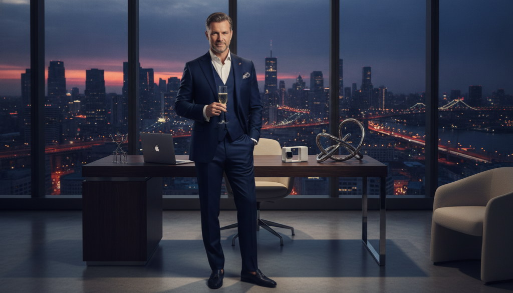 A sophisticated, affluent person standing confidently in a lavish penthouse office. In the foreground, the subject, a Caucasian male in a tailored suit, showcases a relaxed yet assertive posture, holding a crystal glass of champagne. In the middle ground, a sleek desk is adorned with high-end gadgets and a tasteful piece of abstract art, exuding an air of success. The background features floor-to-ceiling windows revealing a sprawling cityscape bathed in neon twilight hues, emphasizing modern luxury. Soft, ambient lighting highlights the subject’s features while casting gentle shadows, creating a glamorous and aspirational atmosphere. The scene captures the essence of wealth and self-assuredness, inspiring viewers to embody a rich mindset.