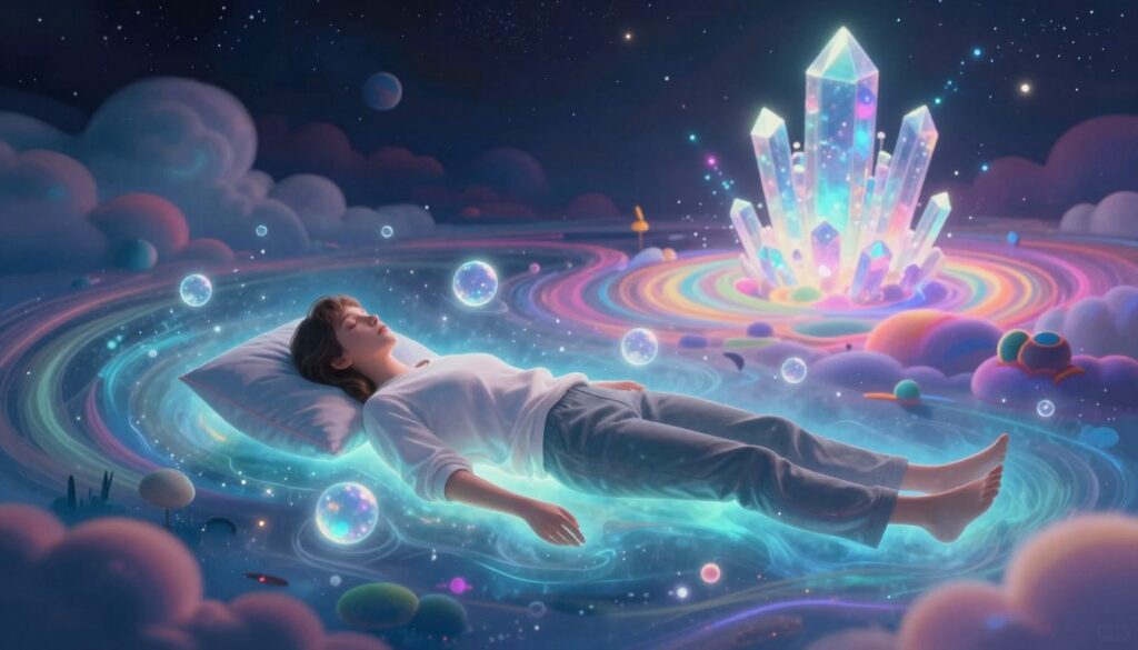 A split-scene illustration contrasting lucid dreaming and astral projection. In the foreground, a serene figure floats gently above their sleeping body, surrounded by ethereal, glowing orbs representing dreams. The figure appears relaxed, dressed in modest casual attire, with soft, luminous light illuminating their peaceful expression. The middle ground showcases a dreamlike landscape with swirling neon colors, clouds, and abstract shapes symbolizing creativity and freedom. In the background, a more defined, crystalline structure represents astral projection, glowing with soft hues and emanating a sense of depth and exploration. The entire scene is bathed in a dreamcore aesthetic, utilizing high-contrast lighting to highlight the fantastical elements and evoke a sense of wonder, aiming to capture the enigmatic nature of both experiences.