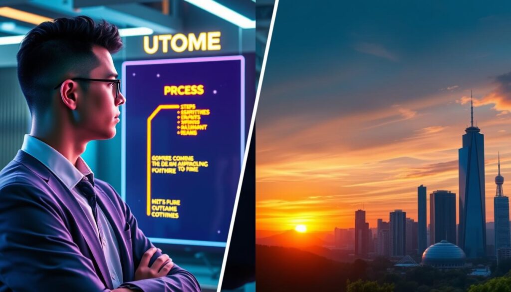 A split-screen visualization showcasing "outcome and process" in a sleek, modern setting. On the left, a confident adult Gen Z professional in business attire gazes towards a vibrant, holographic flowchart displaying steps of goal achievement, illuminated by neon colors. The characters are focused, vibrant and exude ambition. On the right, a serene, abstract landscape symbolizes outcomes, with soaring skyscrapers and green landscapes under a sunset sky, portraying success and aspirations. Use dynamic, soft lighting to create depth, reflecting a high-end magazine advertisement style. Capture from a slightly elevated angle for a comprehensive view, instilling a feeling of motivation and clarity in the atmosphere. A split-screen visualization showcasing "outcome and process" in a sleek, modern setting. On the left, a confident adult Gen Z professional in business attire gazes towards a vibrant, holographic flowchart displaying steps of goal achievement, illuminated by neon colors. The characters are focused, vibrant and exude ambition. On the right, a serene, abstract landscape symbolizes outcomes, with soaring skyscrapers and green landscapes under a sunset sky, portraying success and aspirations. Use dynamic, soft lighting to create depth, reflecting a high-end magazine advertisement style. Capture from a slightly elevated angle for a comprehensive view, instilling a feeling of motivation and clarity in the atmosphere.