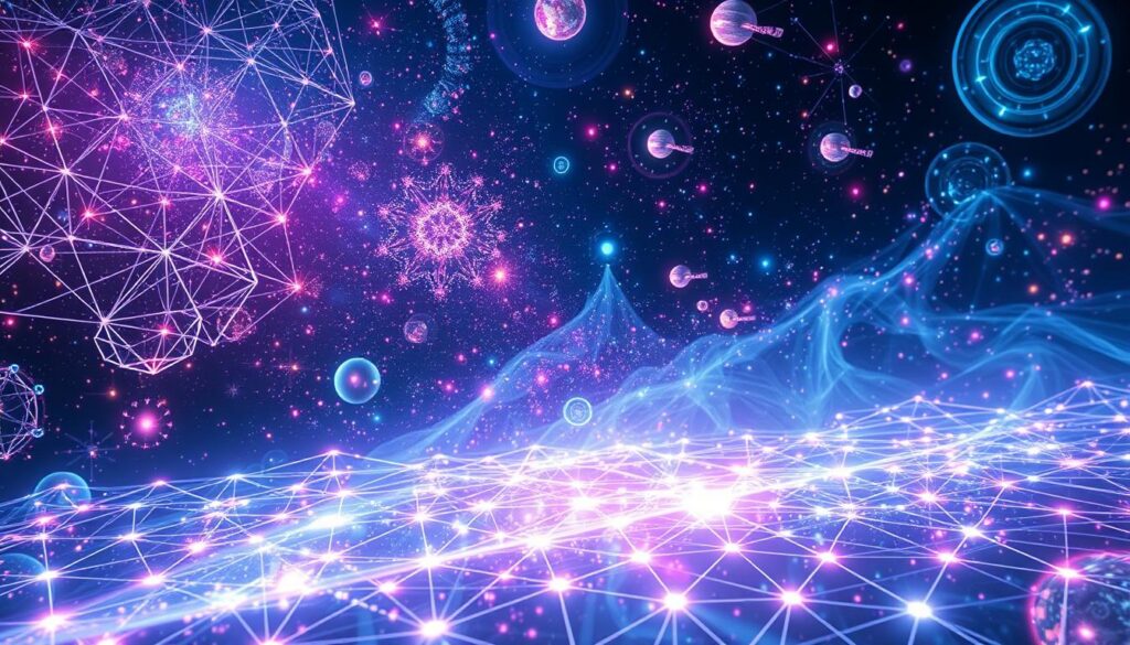 A sprawling holographic universe unfolds in the background, featuring intricate geometric patterns and swirling galaxies made of luminous neon colors. In the foreground, a transparent divine matrix pulses with ethereal energy, resembling a shimmering web of light that connects various celestial bodies. Soft, diffused lighting emanates from hidden sources, highlighting the dynamic interaction between the holographic elements. The overall atmosphere is mystical and futuristic, evoking a sense of wonder and interconnectedness. A slight lens flare hints at the infinite possibilities of this divine matrix, inviting viewers to explore the depths of this visually stunning cosmic landscape.