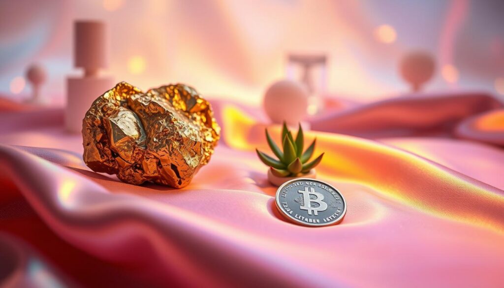 A striking arrangement of a polished pyrite crystal with golden metallic hues resting on a soft, iridescent fabric that reflects neon colors. In the foreground, showcase the intricate details of the crystal's facets, highlighting its natural luster and sharp edges. In the middle ground, place a delicate silver coin and a small succulent to symbolize wealth and prosperity. The background should be softly blurred, featuring a dreamlike ambiance with blurred silhouettes of abstract shapes and light flares to create a mystical aura. Use warm lighting to accentuate the crystal's shine, capturing the essence of abundance and intention. Aim for a high-end magazine advertisement style, invoking a sense of modern luxury that appeals to an adult Gen Z audience.