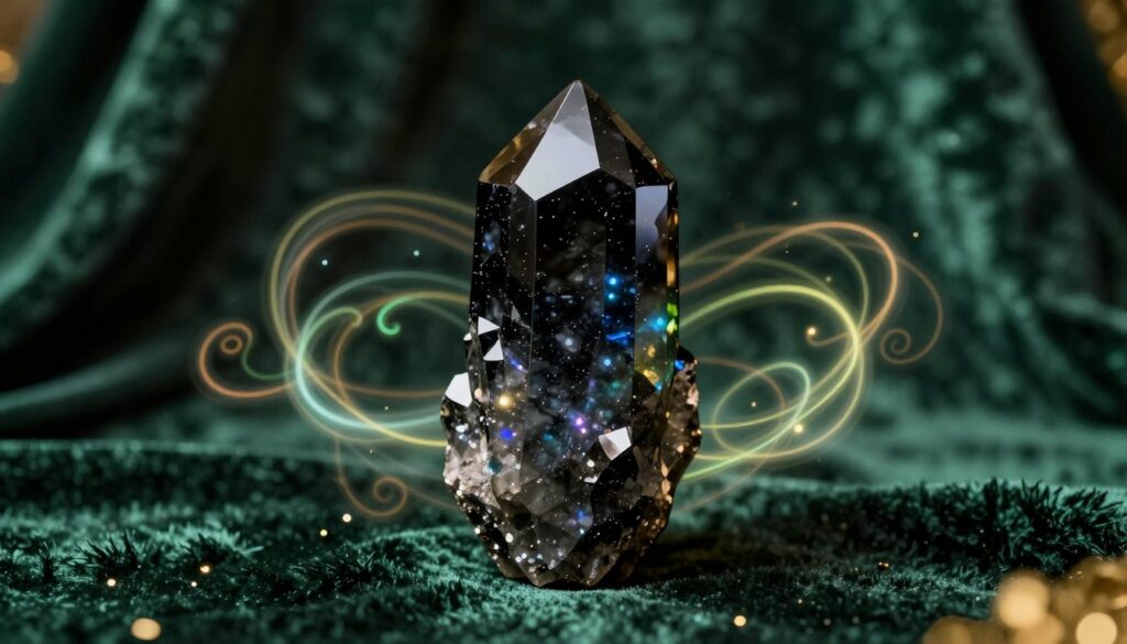 A striking black tourmaline crystal, radiating protective energy, prominently placed in the foreground. The crystal's facets glitter under soft, ambient lighting, casting a spectrum of subtle colors that create a mystical aura. Surrounding it, a lush, dark green velvet backdrop conveys luxury and opulence, while hints of golden light filter through, adding warmth and depth to the scene. In the middle ground, delicate tendrils of abstract neon patterns swirl around the crystal, suggesting powerful energy flows. The mood is serene yet empowering, evoking a sense of protection against negativity and envy. Shot from a slightly elevated angle to enhance the crystal's magnificence, this image captures the essence of wealth and energetic defense in a high-end, magazine-quality style, appealing to an adult Gen Z audience. A striking black tourmaline crystal, radiating protective energy, prominently placed in the foreground. The crystal's facets glitter under soft, ambient lighting, casting a spectrum of subtle colors that create a mystical aura. Surrounding it, a lush, dark green velvet backdrop conveys luxury and opulence, while hints of golden light filter through, adding warmth and depth to the scene. In the middle ground, delicate tendrils of abstract neon patterns swirl around the crystal, suggesting powerful energy flows. The mood is serene yet empowering, evoking a sense of protection against negativity and envy. Shot from a slightly elevated angle to enhance the crystal's magnificence, this image captures the essence of wealth and energetic defense in a high-end, magazine-quality style, appealing to an adult Gen Z audience.