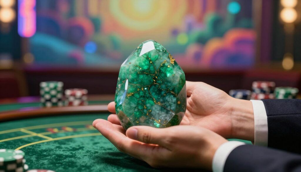 A striking close-up of a green aventurine stone, shimmering with vibrant shades of green and flecks of gold, placed atop a luxurious green velvet surface. In the foreground, delicate hands, dressed in professional business attire, gently cradle the stone as if contemplating its significance. The middle layer features a blurred vintage casino backdrop, with soft glimmers of neon lights reflecting the energy of chance and opportunity. The background is a dreamy, ethereal landscape filled with abstract shapes and colors that evoke a sense of luck and fortune. The lighting is warm and inviting, casting a soft glow on the stone, enhancing its allure. The overall mood is one of optimism and anticipation, perfect for capturing the essence of the gambler's stone. A striking close-up of a green aventurine stone, shimmering with vibrant shades of green and flecks of gold, placed atop a luxurious green velvet surface. In the foreground, delicate hands, dressed in professional business attire, gently cradle the stone as if contemplating its significance. The middle layer features a blurred vintage casino backdrop, with soft glimmers of neon lights reflecting the energy of chance and opportunity. The background is a dreamy, ethereal landscape filled with abstract shapes and colors that evoke a sense of luck and fortune. The lighting is warm and inviting, casting a soft glow on the stone, enhancing its allure. The overall mood is one of optimism and anticipation, perfect for capturing the essence of the gambler's stone.