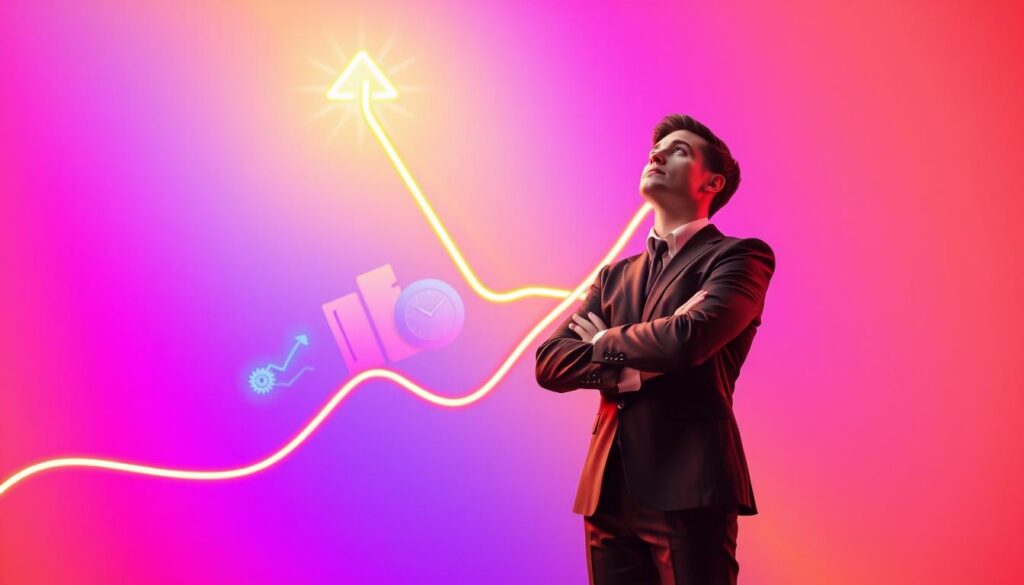 A striking, high-end magazine advertisement showcasing the concept of "past actions and income growth." In the foreground, a professional adult Gen Z figure dressed in smart business attire, standing confidently with arms crossed, gazing upward towards a radiant neon graph depicting income growth shooting upwards. The middle layer features abstract representations of past actions, illustrated as colorful icons or symbols (e.g., books, gears, clock) that flow smoothly into the income growth graph. The background is a gradient of vibrant neon colors, emphasizing the dynamic atmosphere of ambition and potential. Soft, focused lighting casts a warm glow on the figure and graph, while a slight tilt angle creates an engaging perspective, enhancing the image's motivational vibe. A striking, high-end magazine advertisement showcasing the concept of "past actions and income growth." In the foreground, a professional adult Gen Z figure dressed in smart business attire, standing confidently with arms crossed, gazing upward towards a radiant neon graph depicting income growth shooting upwards. The middle layer features abstract representations of past actions, illustrated as colorful icons or symbols (e.g., books, gears, clock) that flow smoothly into the income growth graph. The background is a gradient of vibrant neon colors, emphasizing the dynamic atmosphere of ambition and potential. Soft, focused lighting casts a warm glow on the figure and graph, while a slight tilt angle creates an engaging perspective, enhancing the image's motivational vibe.