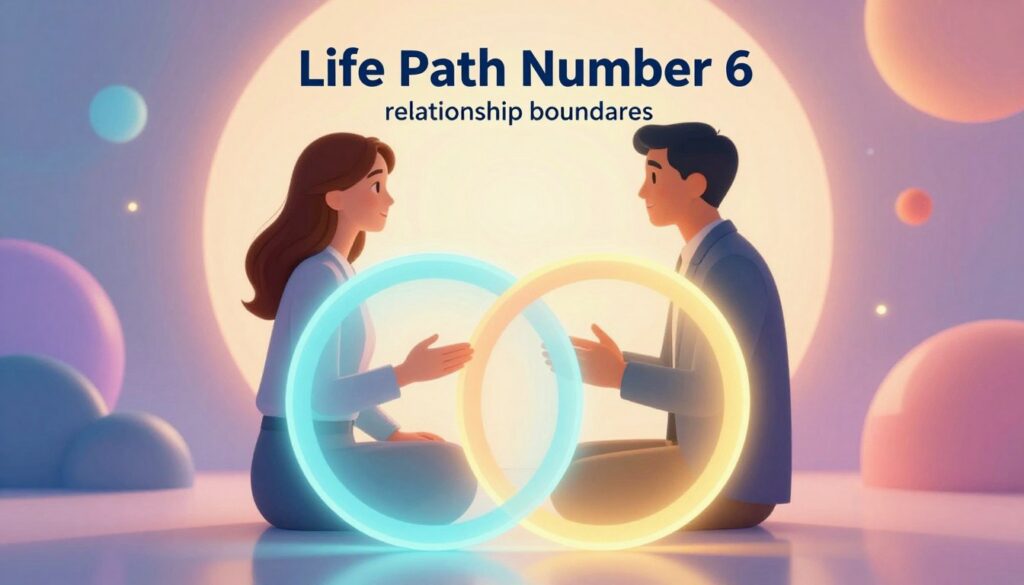 A striking image depicting the concept of "Life Path Number 6 relationship boundaries," featuring a serene and harmonious scene. In the foreground, a symbolic representation of two overlapping circles with soft, neon colors, suggesting unity and protection, stands on a polished surface. The middle ground showcases a couple dressed in professional attire, engaged in a positive, open dialogue, surrounded by an aura of gentle light. In the background, abstract shapes and patterns in dreamcore style echo themes of love and boundaries, creating a soothing yet vibrant atmosphere. The lighting is warm and inviting, with a soft focus on the couple and sharper detail on the overlapping circles. The mood conveys comfort, stability, and protection in relationships, encapsulating the essence of Life Path Number 6.